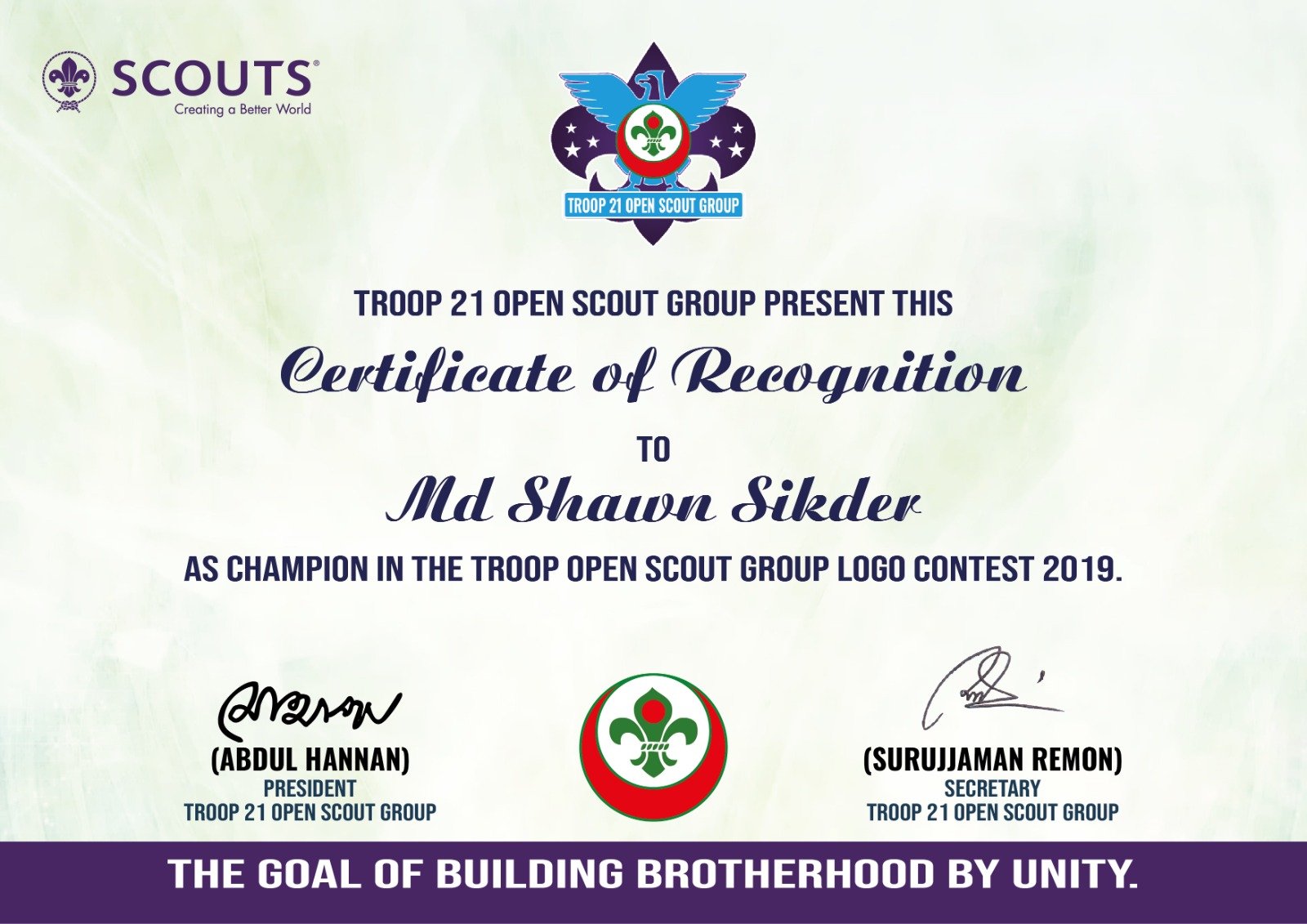 Scout Group Logo Contest certificate