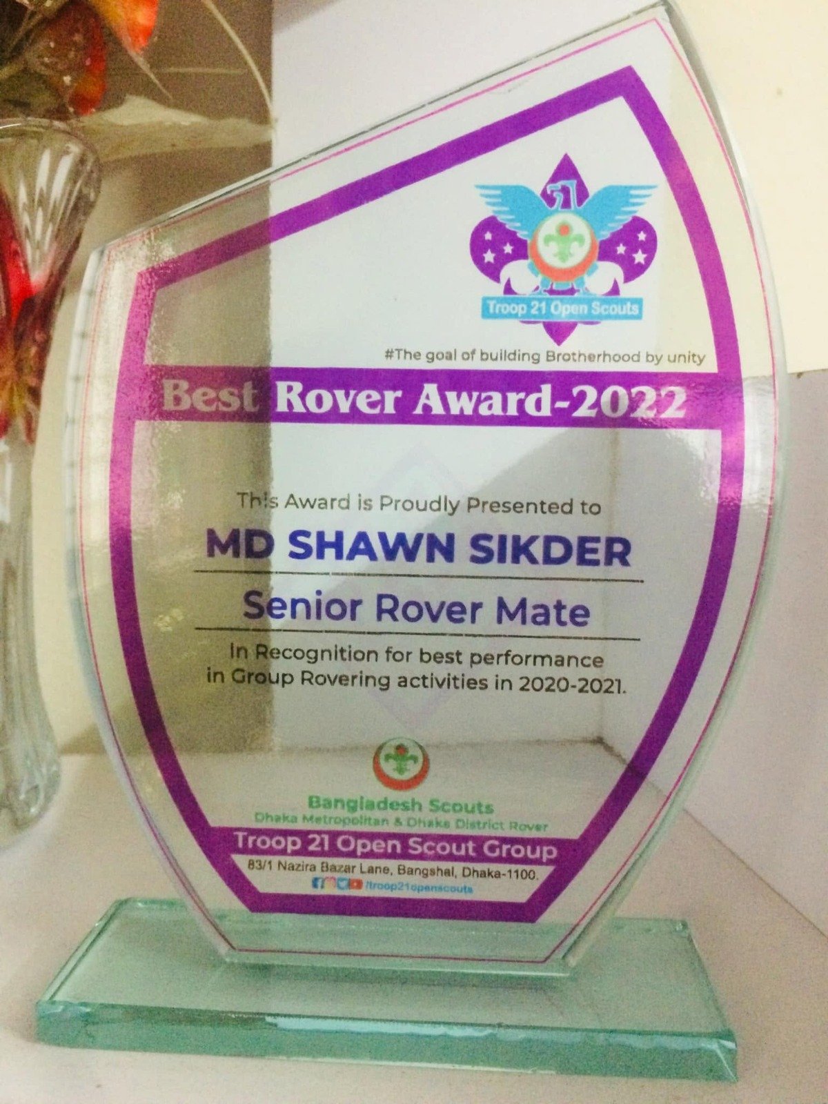 Best Rover Award 2022 certificate